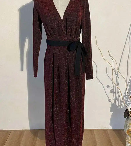 Women Long Wine Red Shining Bandage Long Trench New V-collar Long Sleeve Loose Windbreaker Fashion Spring 2025 JO57203