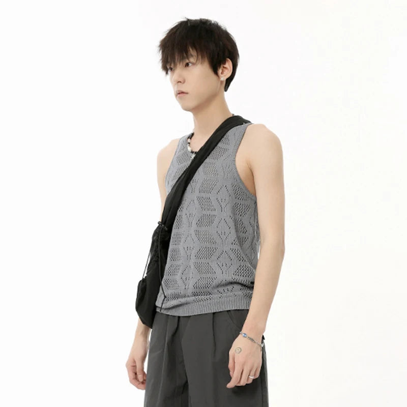 Fashion Men's Tank Tops Hollow Out Kintting T-shirt O-neck Sleeveless Casual Tee Solid Color Summer Korean Style 9C6577