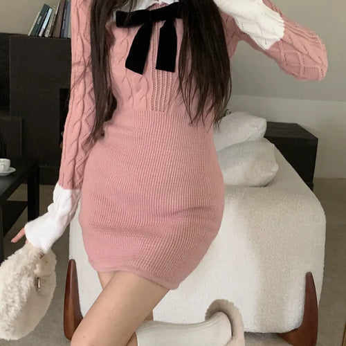 Load image into Gallery viewer, Kawaii Knit Knitted Sweater Pink Mini Dress School Student Preppy Style Japanese Cute Polo Bodycon Short Dresses
