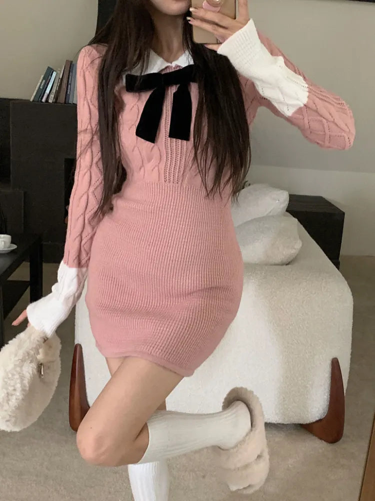 Kawaii Knit Knitted Sweater Pink Mini Dress School Student Preppy Style Japanese Cute Polo Bodycon Short Dresses