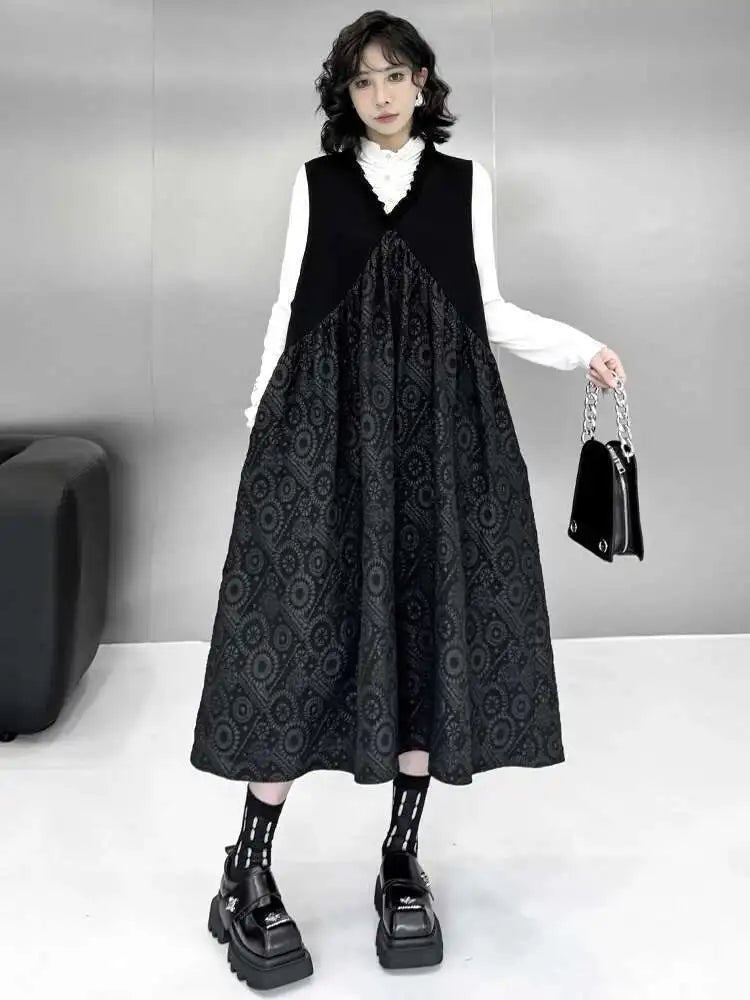 Women Black Pattern Textured Big Size Midi Vest Dress New V-Neck Sleeveless Fashion Tide Spring Autumn 2025 1DH8441
