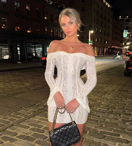 Lace Slim Mini Dress for Women Off The Shoulder Sexy Long Sleeves Club Party Dresses Bodycon Elegant Autumn Dress