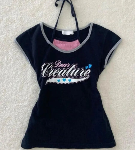 Two Pieces Set T-shirt Halter Patchwork Slim Casual Letter Cropped Top Women Y2k Aesthetic Summer Contrast Color Grunge Tees
