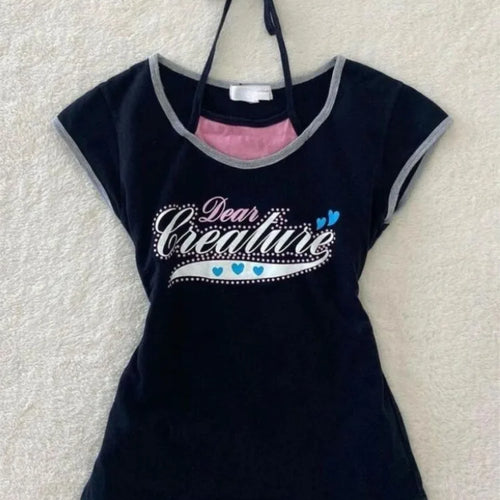 Load image into Gallery viewer, Two Pieces Set T-shirt Halter Patchwork Slim Casual Letter Cropped Top Women Y2k Aesthetic Summer Contrast Color Grunge Tees
