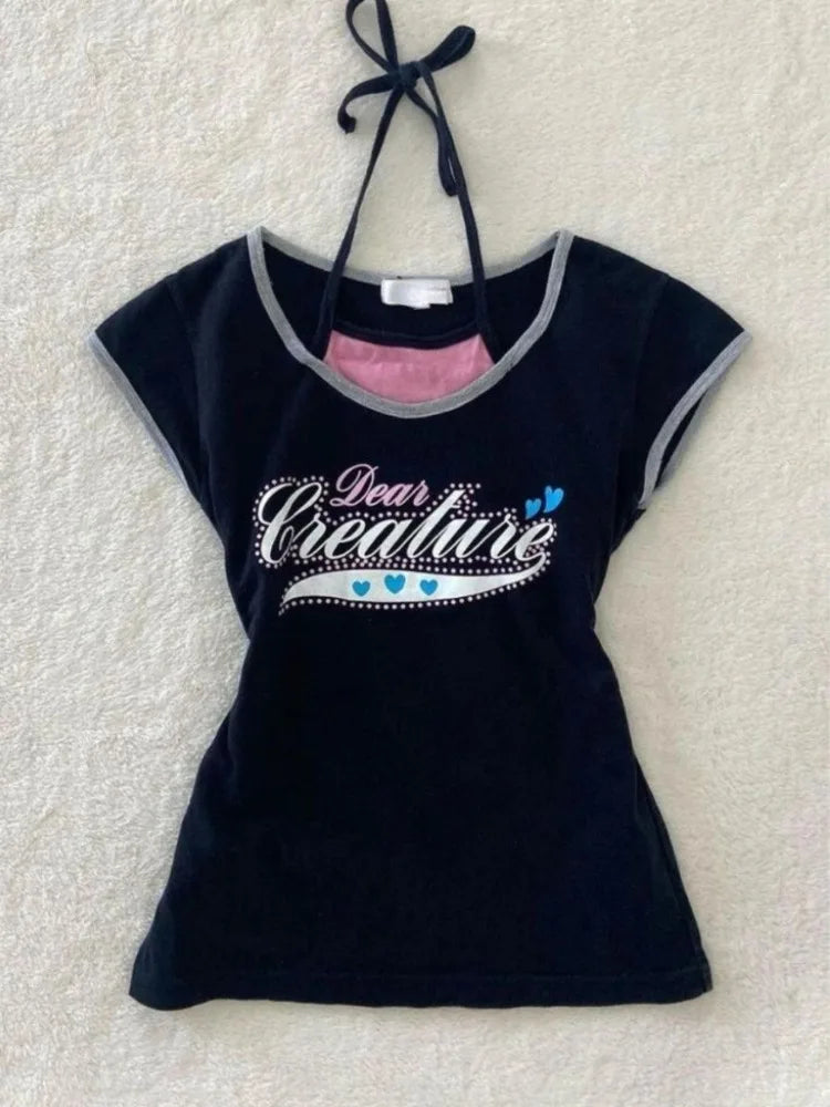 Two Pieces Set T-shirt Halter Patchwork Slim Casual Letter Cropped Top Women Y2k Aesthetic Summer Contrast Color Grunge Tees