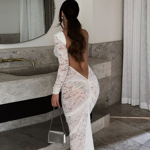 Load image into Gallery viewer, Lace Backless Sexy Maxi Dress For Women Gown Fashion Solid O Neck Long Sleeve Ruched Bodycon Club Long Dress Vestido

