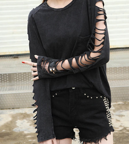 Women Black Pocket Holes Hollow Out Big Size T-shirt New Round Neck Long Sleeve Fashion Tide Spring Autumn 2025 1DJ0805