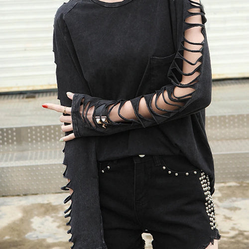 Load image into Gallery viewer, Women Black Pocket Holes Hollow Out Big Size T-shirt New Round Neck Long Sleeve Fashion Tide Spring Autumn 2025 1DJ0805
