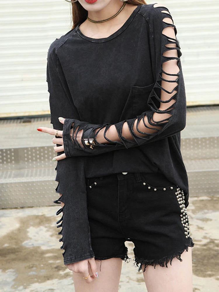 Women Black Pocket Holes Hollow Out Big Size T-shirt New Round Neck Long Sleeve Fashion Tide Spring Autumn 2025 1DJ0805