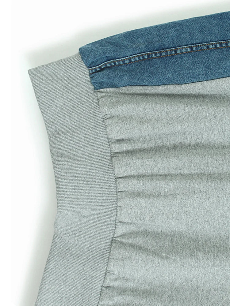 Women Gray Denim Color-block Big Size Casual T-shirt New Round Neck Short Sleeve Fashion Tide Spring Summer 2025 1DJ1584