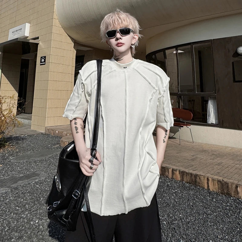 Men's T-shirts New Summer Solid Color Round Neck Handmade Nail Bead Seam Design Male Short Sleeve Trendy Menwear 9W1794