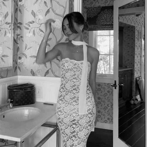 Load image into Gallery viewer, Lace See Through Sexy Midi Dress For Women Fashion Off-shoulder Strapless Sleeveless Backless Bodycon Club Party Dress
