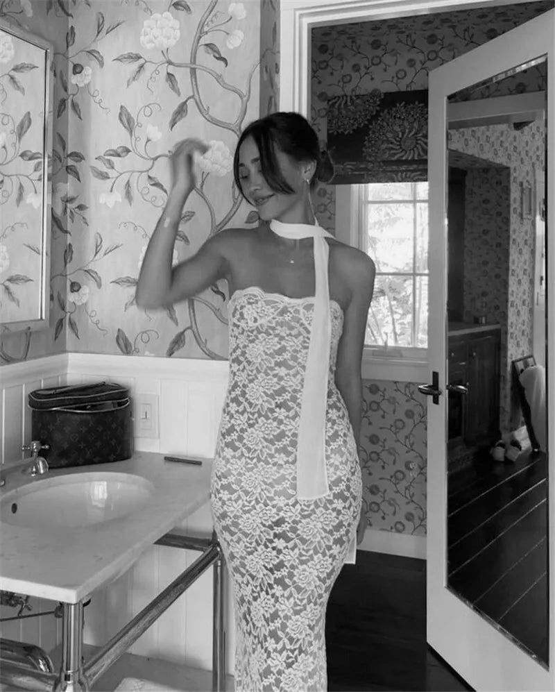 Lace See Through Sexy Midi Dress For Women Fashion Off-shoulder Strapless Sleeveless Backless Bodycon Club Party Dress