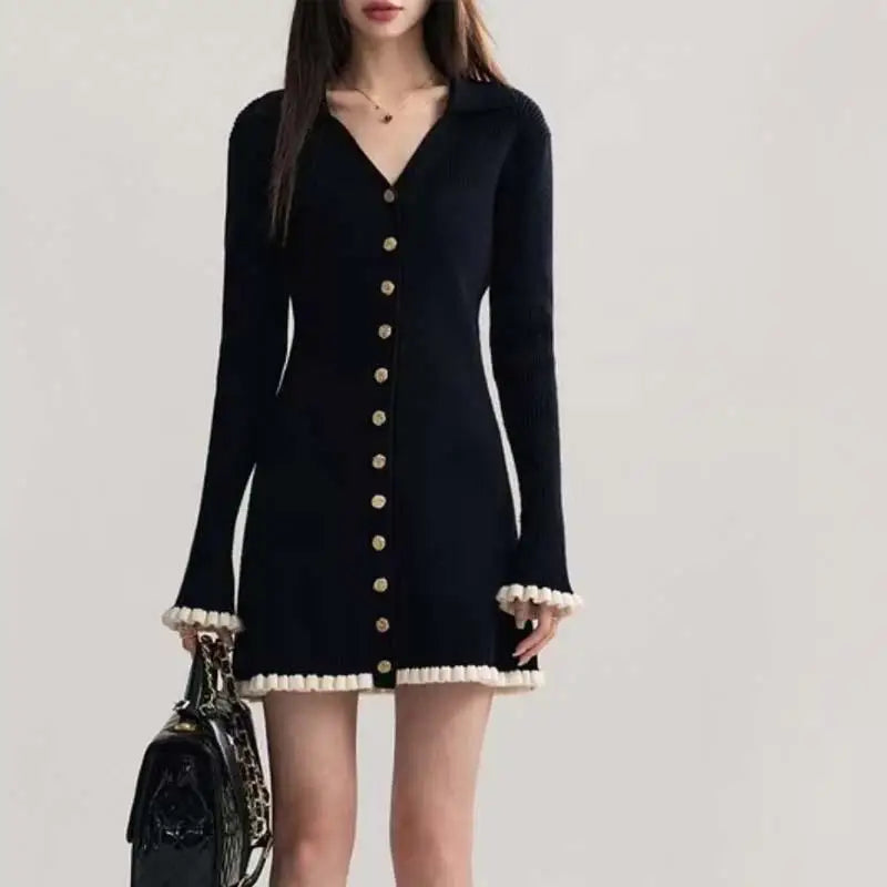 Spring Vintage Black Patchwork Elegant Office Knitted Short Dress Women's V-neck Slim Long Sleeve Single Breasted Mini Dress New