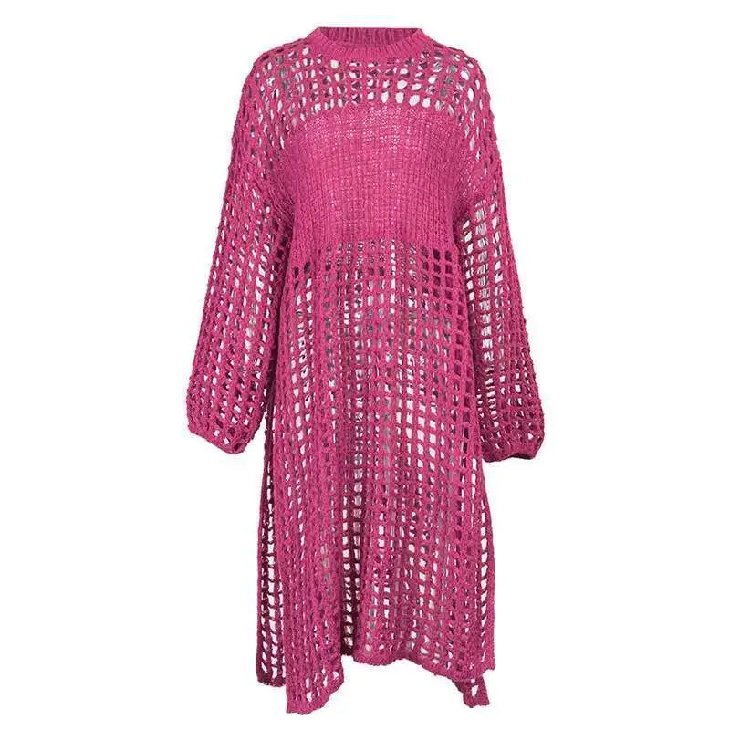 Women Black Knittng Hollow Out Big Size Long Dress New Round Neck Long Sleeve Fashion Tide Spring Autumn 2025 5WA10401