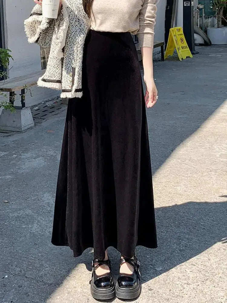 Korean Style Women Red Elegant Vacation Pleated Long Skirt 2024 Autumn Winter New Black High Waist Party Velvet Skirt Thick Chic