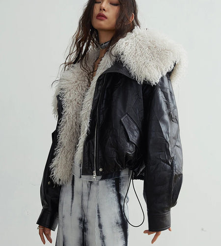 Black Big Size PU Leather Jacket New Removable Fur Collar Long Sleeve Women Coat Fashion Tide Spring Autumn 2025 1DH2121