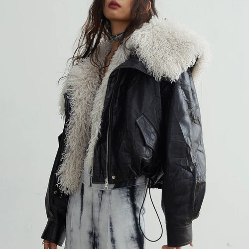 Load image into Gallery viewer, Black Big Size PU Leather Jacket New Removable Fur Collar Long Sleeve Women Coat Fashion Tide Spring Autumn 2025 1DH2121
