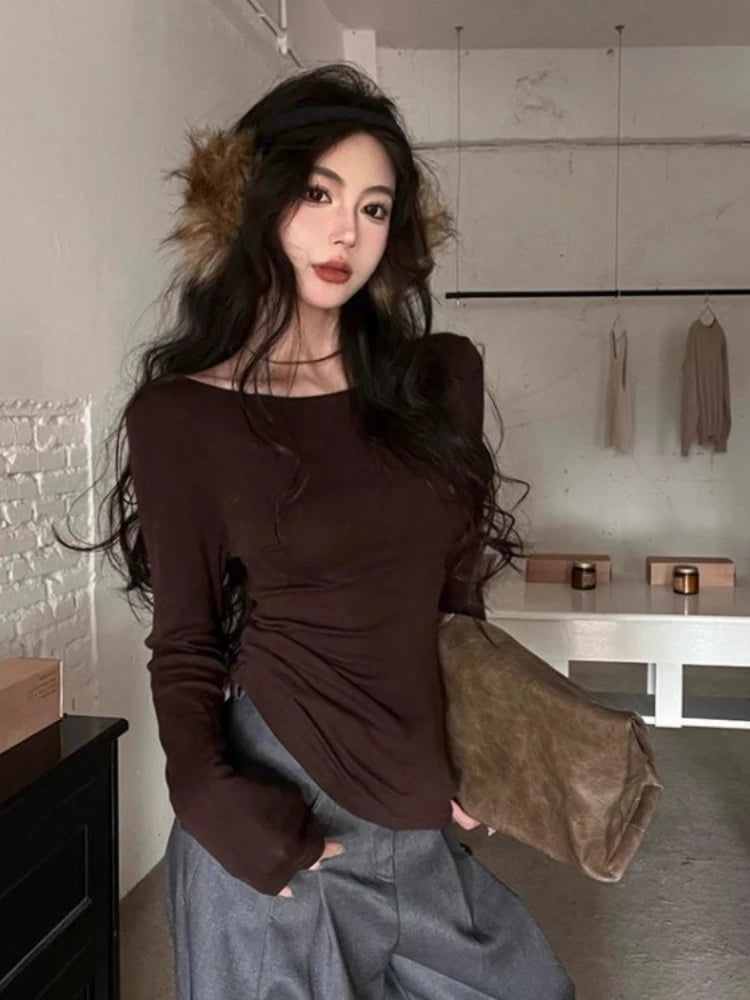 Korean Vintage Grunge Long Sleeve Tees Streetwear Trendy Sexy Casual Simple Women T-shirt Y2k Aesthetic All Match Slim Tshirts