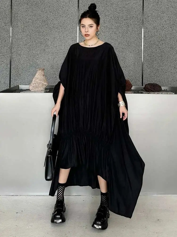 Women Black Pleated Irregular Big Size Long Dress New Round Neck Half Sleeve Fashion Tide Spring Summer 2025 1DH6284