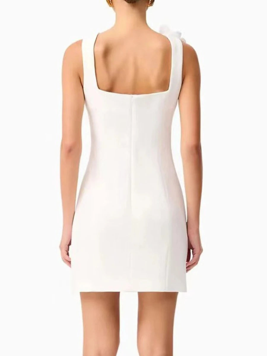 Solid Slimming Minimalist Mini Dresses for Women Square Neck Sleeveless Patchwork 3D Flower Dress Female Clothing