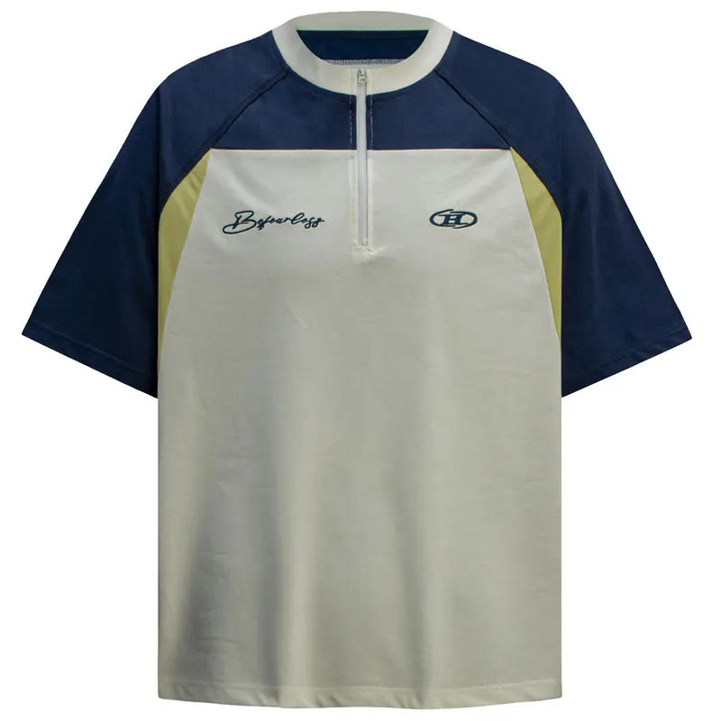 Men T-Shirt Y2K Embroidered Patchwork Half Zip Up Sport Racing Tshirt Streetwear Harajuku Hip Hop Casual Baggy Urban Top Tee