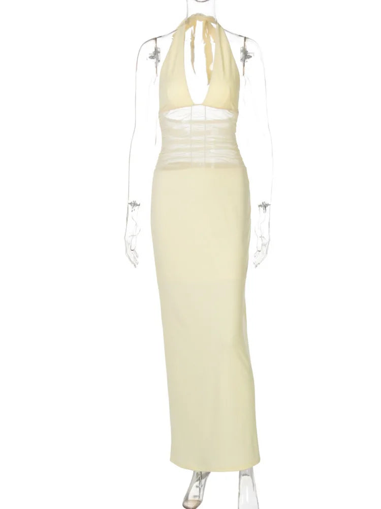 Mesh See Through Halter Sexy Maxi Dress Women Gown Fashion Deep V Neck Sleeveless Backless Bodycon Long Dress Elegant