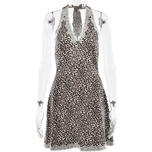 Load image into Gallery viewer, Leopard Print Backless Sexy Mini Dress For Woman Robe Contrast Color Halter Deep V Neck Sleeveless A-line Club Dress
