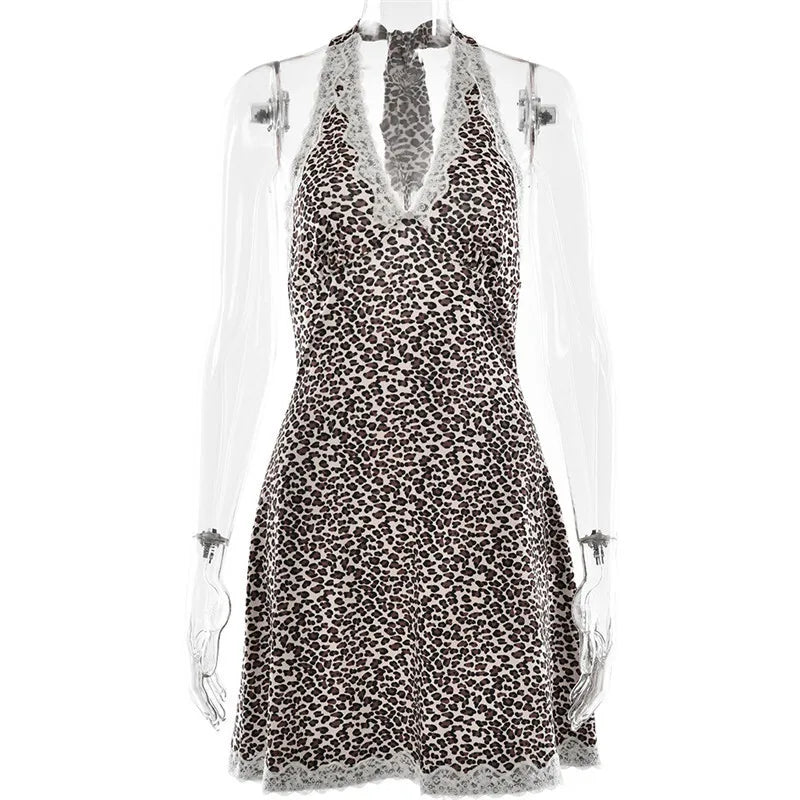 Leopard Print Backless Sexy Mini Dress For Woman Robe Contrast Color Halter Deep V Neck Sleeveless A-line Club Dress