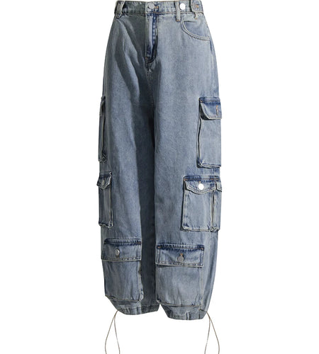 Spliced Pockets Denim Pants For Women High Waist Patchwork Drawstring Solid Cargo Trousers Female Spring Fashion