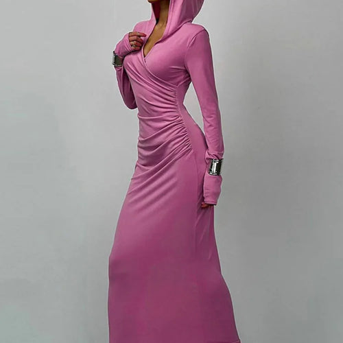 Load image into Gallery viewer, Elegant V Neck Hooded Maxi Dress For Women Autumn Winter New Long Sleeve Bodycon Ruched Fashion Long Dress New
