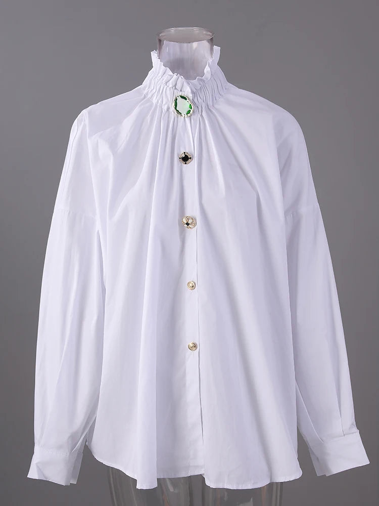 Women Big Size Button Decoration Blouse New Stand Collar Long Sleeve Loose Fit Shirt Fashion Spring Autumn 2025 1DD3478