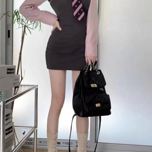 Load image into Gallery viewer, Preppy Style School Student Dress Hotsweet Girls Korean Fashion Bodycon Slim Mini Short Dresses Autumn Two-piece Suit
