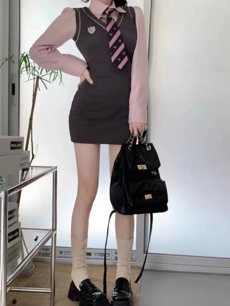 Preppy Style School Student Dress Hotsweet Girls Korean Fashion Bodycon Slim Mini Short Dresses Autumn Two-piece Suit