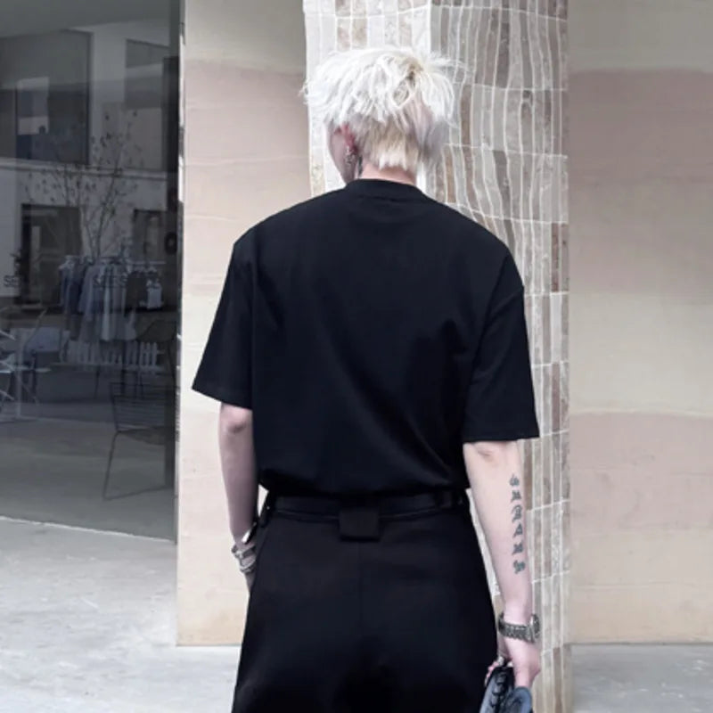 Men's Short Sleeve T-shirts New Summer Loose Double Neck Design Casual Menwear Korean Solid Color Fashion Top 9W1505