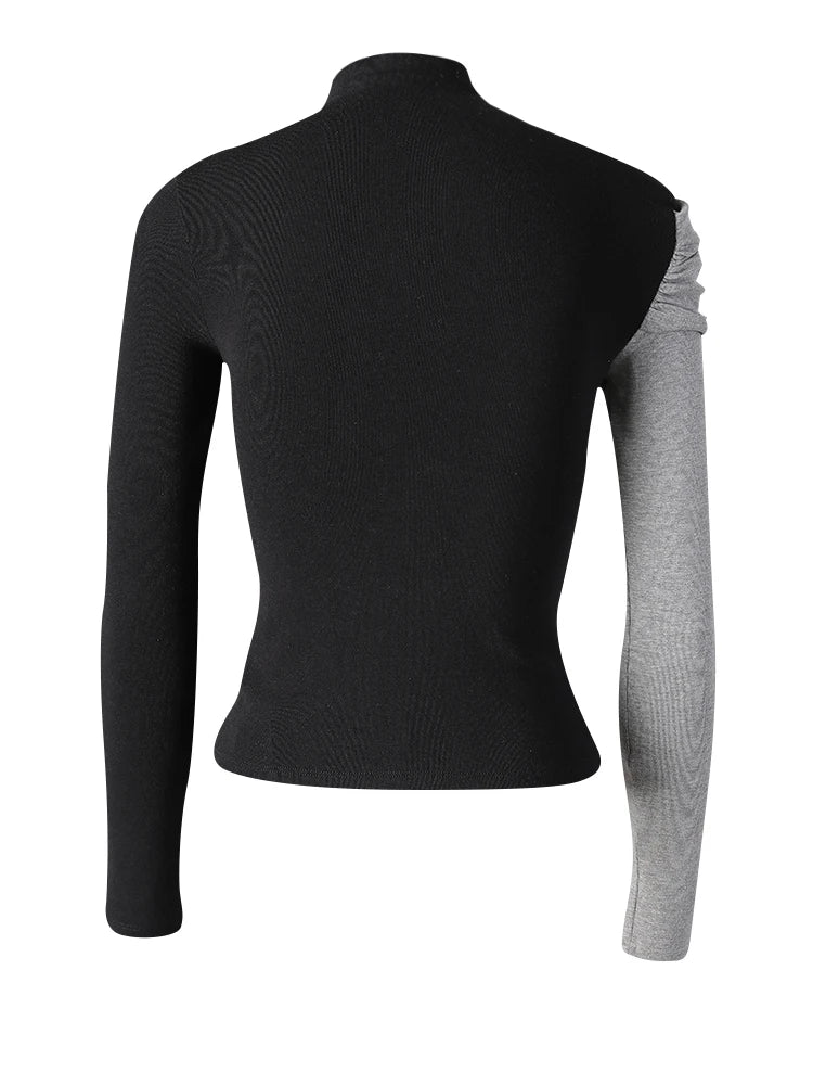 Women Black Coffee Color-block Elegant Slim T-shirt New Turtleneck Long Sleeve Fashion Tide Spring Autumn 2025 CPG3266
