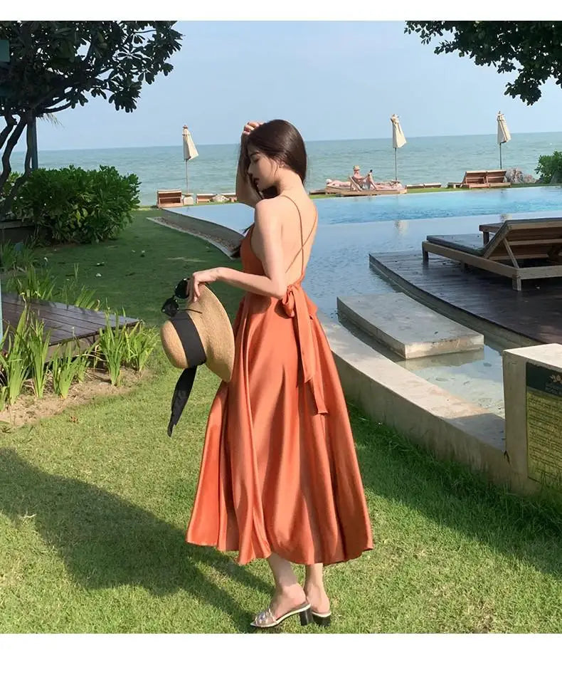 Evening Party Women Dress Cross V Neck Sexy Off Shoulder Beach Style Spaghetti Strap Dress Slim Backless Sexy Robe Femme Holiday