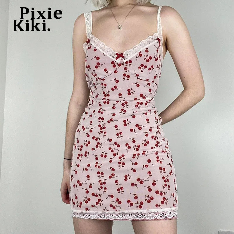 Cute Pink Dress Y2k Summer Coquette Clothes Lace Trim Spaghetti Strap V Neck Backless Mini Dresses for Women P84-BB10