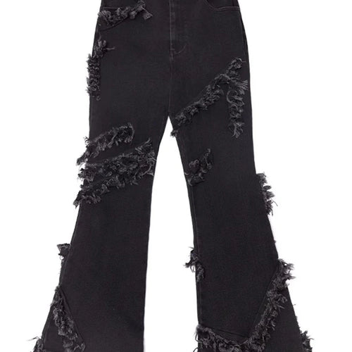 Load image into Gallery viewer, Patchwork TASSEL Denim Pants For High Waist Spliced Button Solid Vintage High Street Boot Cut Jeans Female Fashion
