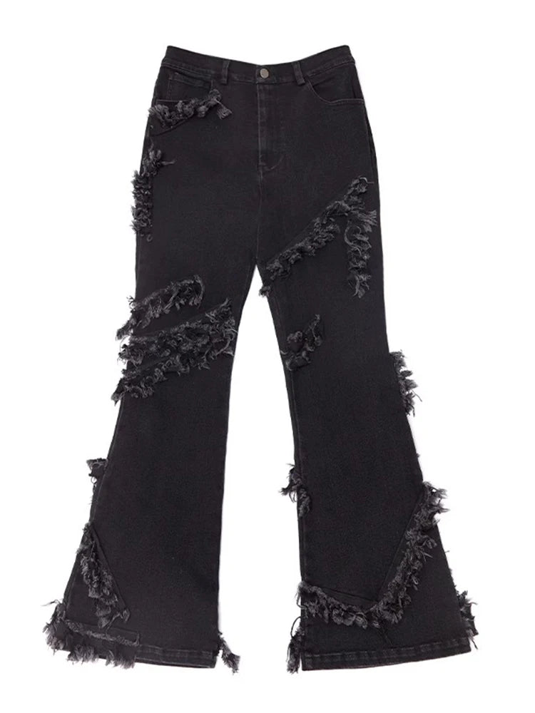 Patchwork TASSEL Denim Pants For High Waist Spliced Button Solid Vintage High Street Boot Cut Jeans Female Fashion