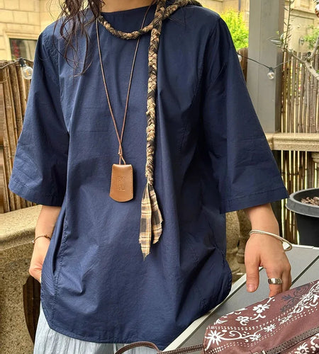 Women Navy Blue Big Size Elegant Blouse New Round Neck Three-quarter Sleeve Shirt Fashion Tide Spring Autumn 2025 1DJ1629