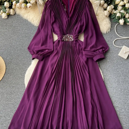 Load image into Gallery viewer, French Women Solid V Neck Diamond Elegant High Waist Pleated Dresses Autumn Winter Slim Long Sleeve Holiday Dress Ladies Popular
