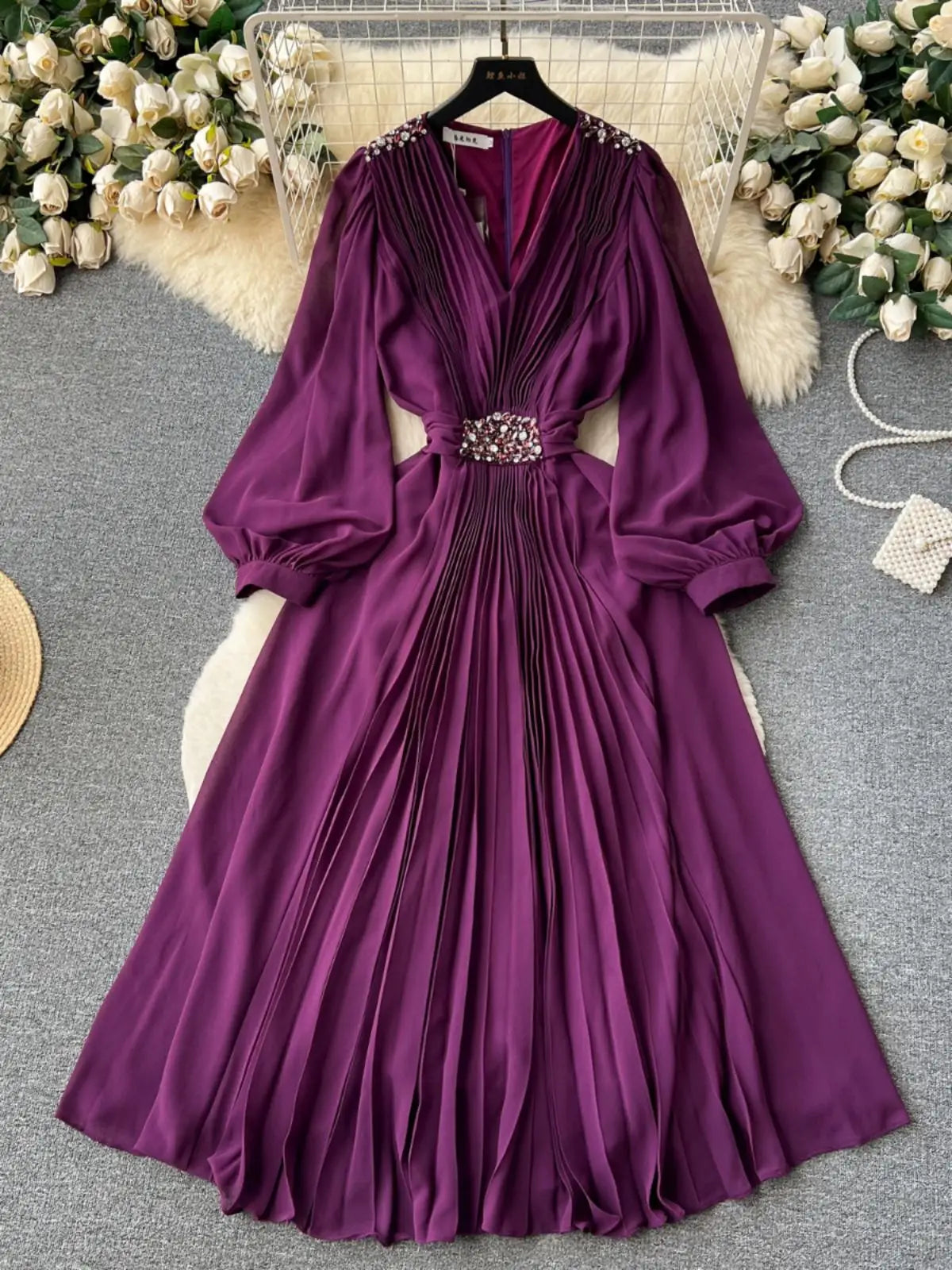French Women Solid V Neck Diamond Elegant High Waist Pleated Dresses Autumn Winter Slim Long Sleeve Holiday Dress Ladies Popular