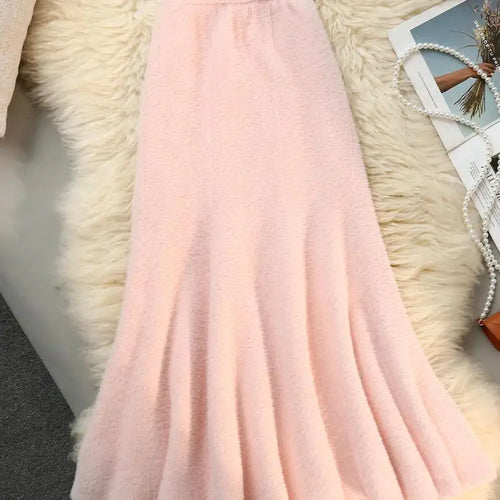 Load image into Gallery viewer, French Fashion Vintage Women Solid Ruffle Edge Knitted Fishtail Long Skirt 2024 Autumn Winter Elegant High Waist Pleated Skirts
