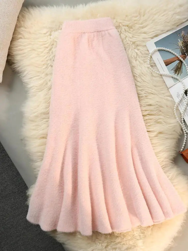 French Fashion Vintage Women Solid Ruffle Edge Knitted Fishtail Long Skirt 2024 Autumn Winter Elegant High Waist Pleated Skirts