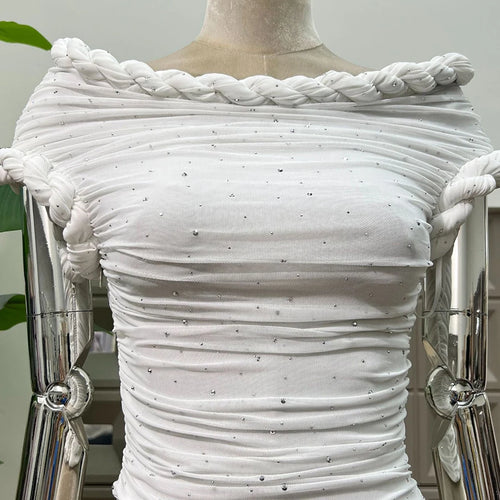 Load image into Gallery viewer, Slimming Spliced Hot Fix Elegant T Shirts for Women Slash Neck Short Sleeves Patchwork Shirring T Shirt Female New
