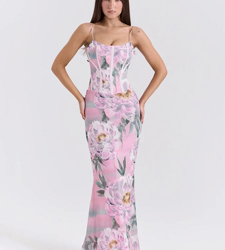 Pink Floral Sexy Maxi Dress Women Gown Spaghetti Strap Sleeveless Backless Elegant Evening Club Party Long Dress