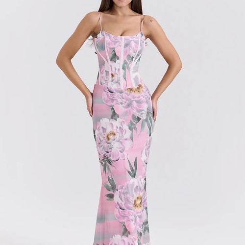 Load image into Gallery viewer, Pink Floral Sexy Maxi Dress Women Gown Spaghetti Strap Sleeveless Backless Elegant Evening Club Party Long Dress
