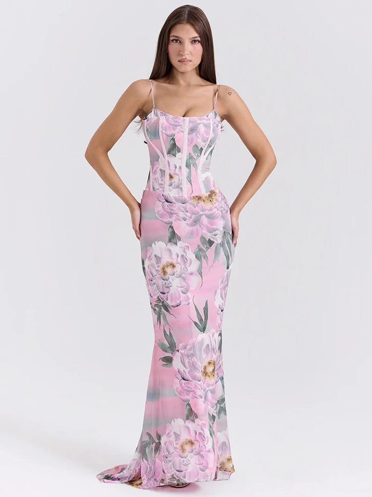Pink Floral Sexy Maxi Dress Women Gown Spaghetti Strap Sleeveless Backless Elegant Evening Club Party Long Dress