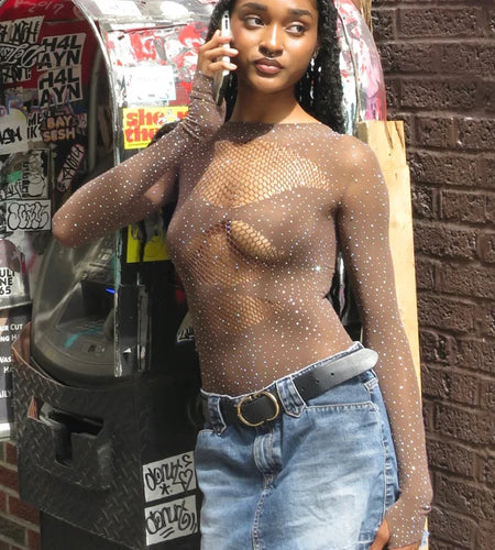 Sexy Mesh Hollow Out Long Sleeve Bodysuit Women Elastic Slim Perspective Shiny Jumpsuit Female Party Club Autumn 2023